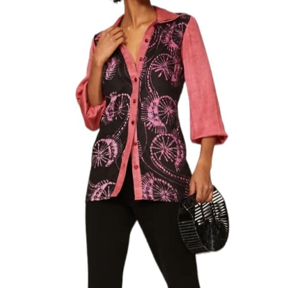 Kahindo Pink Black Maa Tunic Button Up Blouse 6